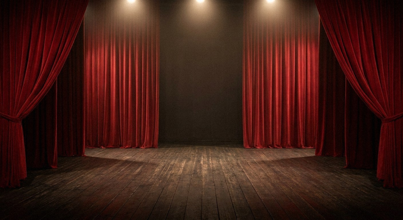 A vintage theater stage with rich red velvet curtains pulled back, revealing wooden floorboards and soft, dramatic