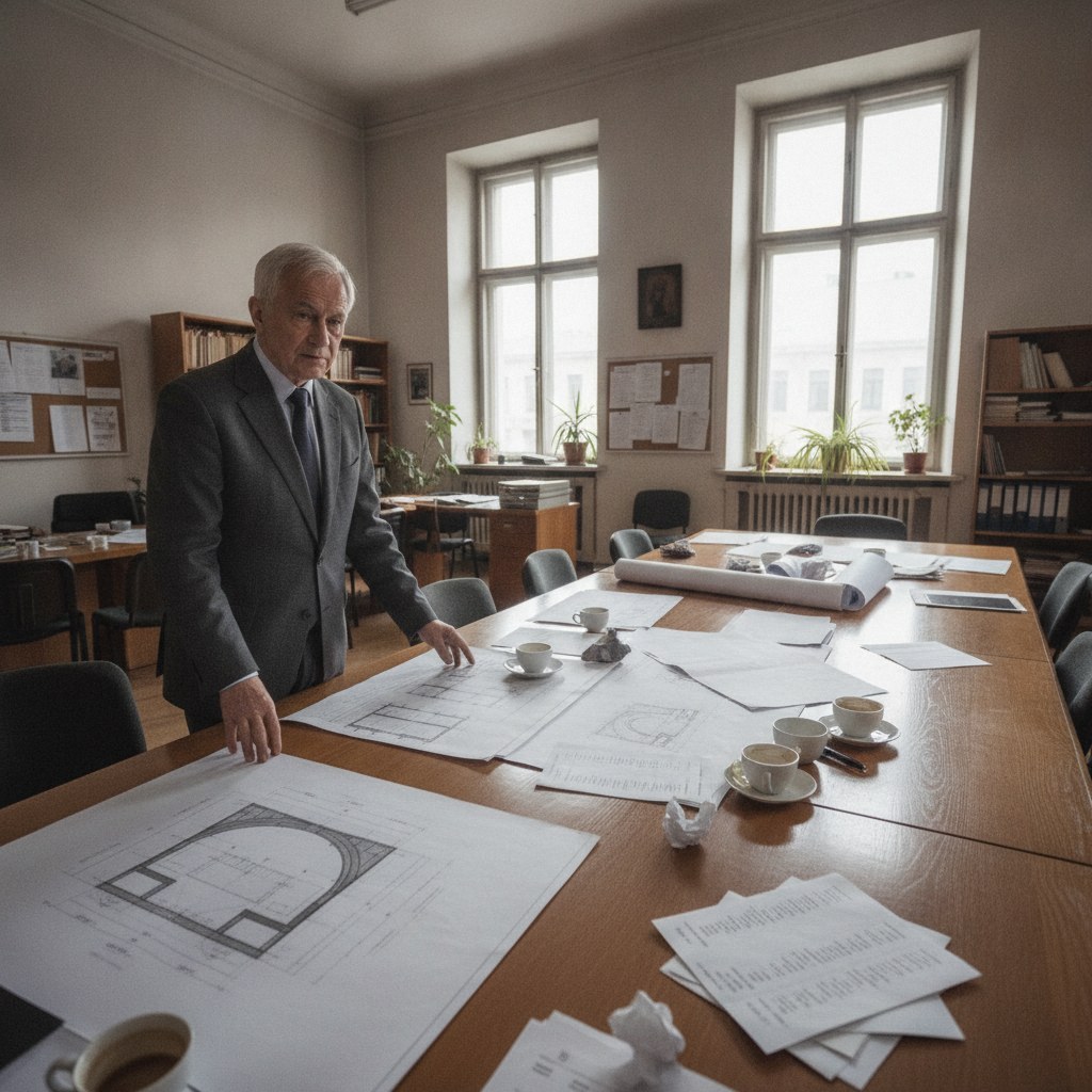 An older man in a grey suit stands at a large wooden table in an office with large windows. The table holds