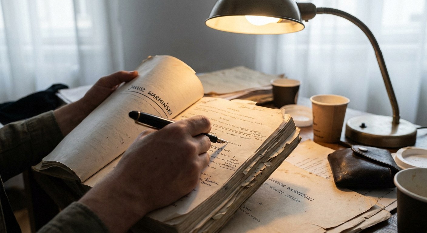 Hands holding a pen, writing in a thick open book on a desk. The left page says 'JANUSZ WARMIŃSKI'. A lit desk lamp