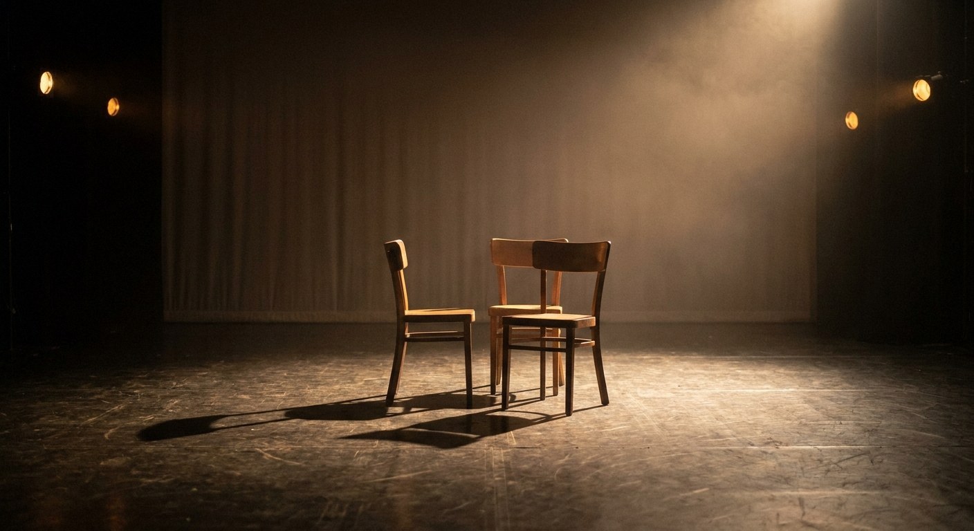Three wooden chairs sit on a dark stage. Hazy spotlights illuminate them from above, casting long shadows on the