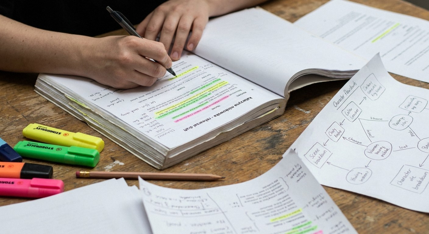 Hands writing on an open script titled 'katarzyna minkowska - rehearsal draft'. A wooden table holds highlighters, a
