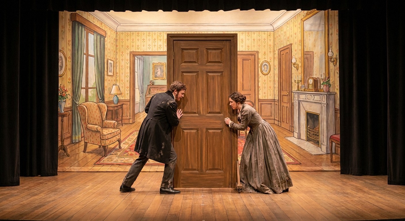 Two actors in period attire push a freestanding wooden door on a stage. Behind them is a painted backdrop of a living