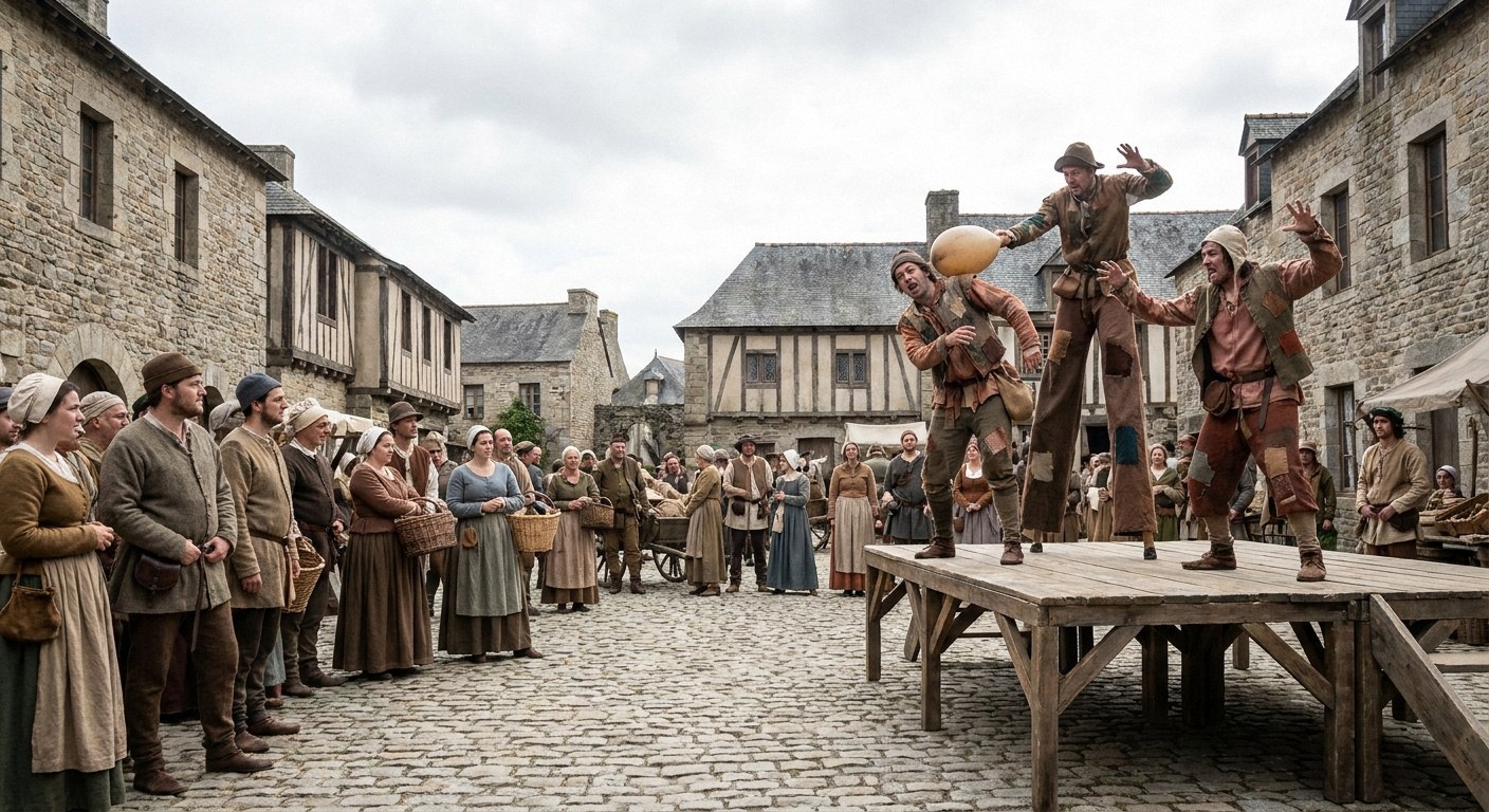 Cobblestone square with medieval-dressed crowd watching three performers on a wooden stage. One is on stilts; poses are