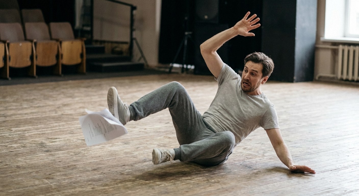 A man in grey clothes falls backwards on a wooden stage, arm raised in shock, with a paper floating near his shoe
